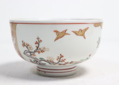 明治前期色絵網手に鶴と梅に鶯図通り物蒸茶碗②高台ホツ,高台内柄無し