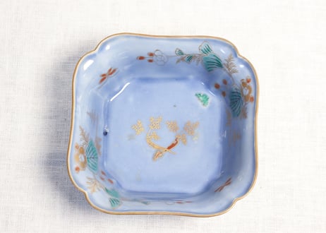 江戸中期瑠璃釉色絵人参と草花図角なます皿５客組 １客あたり傷