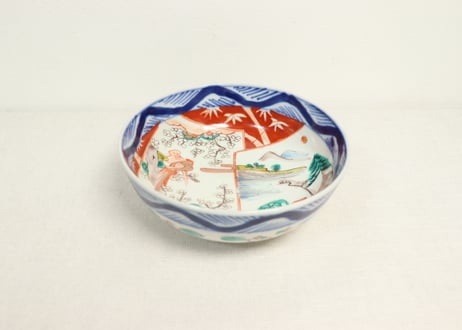 明治前期色絵山水と花鳥図割絵5寸鉢