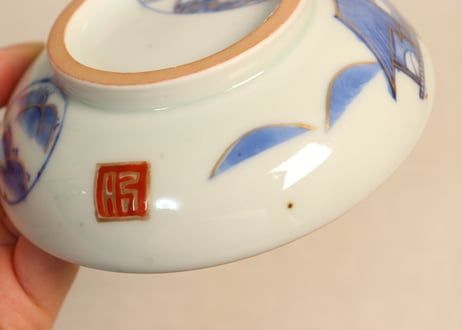 江戸幕末金彩朝顔と山水図飯茶碗