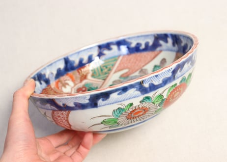 明治前期色絵菊と鶴亀図三ツ組鉢