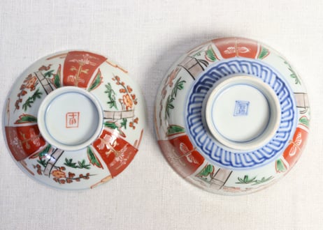 明治前期色絵三方に竹梅図通り物飯茶碗