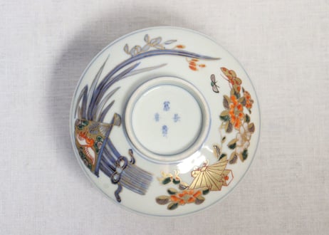 明治前期色絵牡丹と扇に春蘭図蒸茶碗①