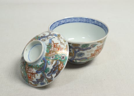 明治前期色絵鶴と松竹梅図通り物飯茶碗
