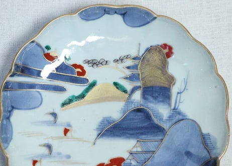 江戸中期色絵山水図7寸皿③　釉剥げ,ノミホツ