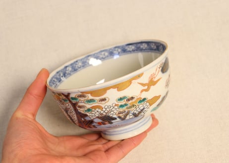 明治前期色絵山水図通り物飯茶碗①