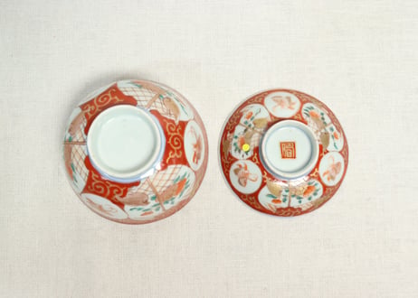 明治前期色絵瓢箪に蝶と花鳥図飯茶碗②高台ホツ,窯傷