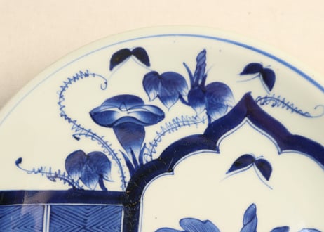 江戸幕末染付芭蕉と朝顔図尺皿