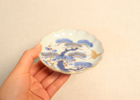 江戸幕末赤絵金彩染付松竹梅に鶴図小皿①
