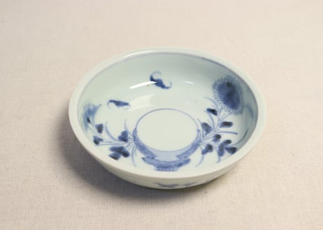 江戸中期染付竹と菊に蝙蝠図なます皿① かたつき