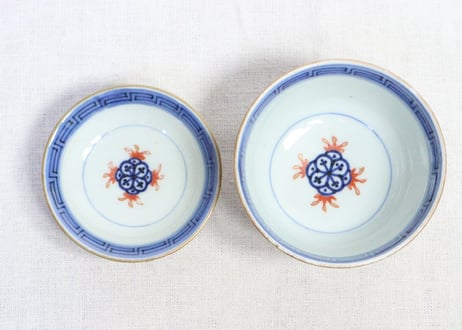 江戸後期色絵吉文字と七宝文図通り物飯茶碗　５客組