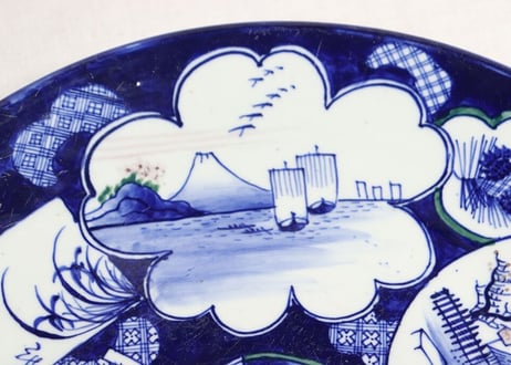 明治前期染付寿老人他窓絵図大皿