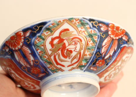 明治前期色絵四方に龍と鳳凰図通り物飯茶碗