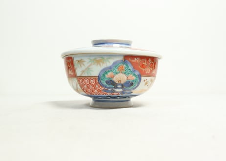 明治前期色絵市松に松竹梅図蒸茶碗③少甘手