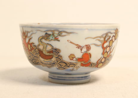 明治前期色絵龍と宝珠に人物通り物蒸茶碗 身のみ