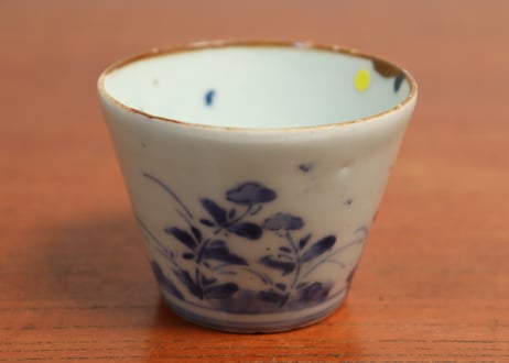 江戸中期紙刷古印判女郎花図猪口　直し,高台ホツ