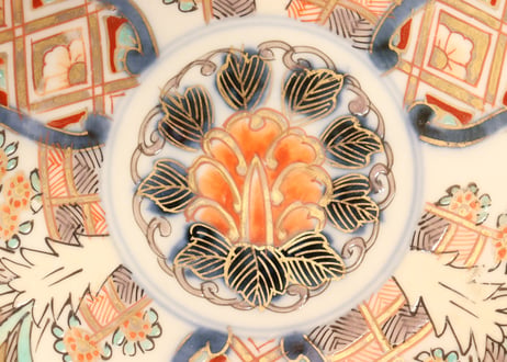 明治前期色絵三方に芭蕉と菊図5寸皿