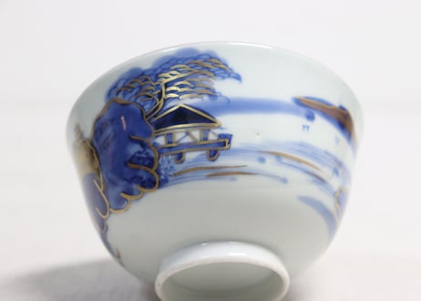 江戸幕末金彩染付山水図飯茶碗