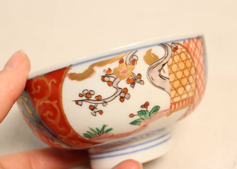 明治前期色絵梅と鶯に鳥籠図通り物蒸茶碗①