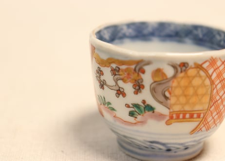 明治前期色絵梅と鶯に鳥籠図通り物小向付