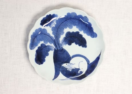 江戸幕末染付鼠大根図8寸皿 アタリ傷