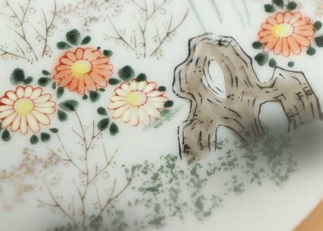 昭和戦前色絵プリント菊と竹林図6寸皿