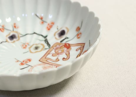 江戸中期赤絵金彩梅と龍図菊花型なます皿 5客組　1客ノミホツ