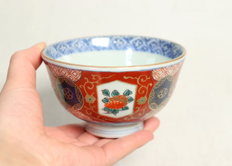 江戸幕末色絵牡丹と青玉図通り物飯茶碗