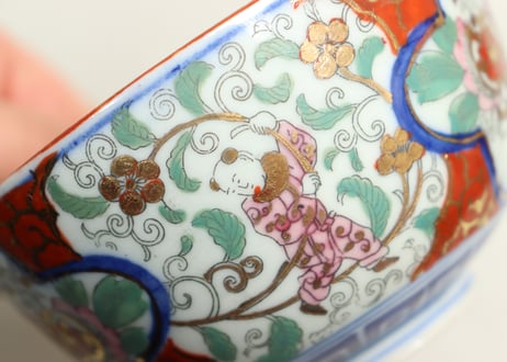 明治後期～大正色絵プリント花と唐子図蒸茶碗