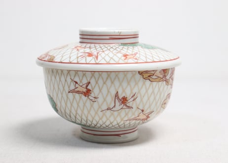 明治前期色絵網手に鶴と梅に鶯図通り物蒸茶碗①
