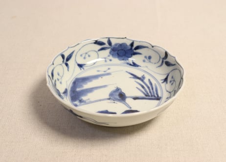 江戸後期染付鳥と三方に花図なます皿 5客組