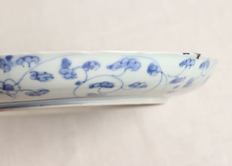 江戸中期染付十方に花図7寸皿 ホツ
