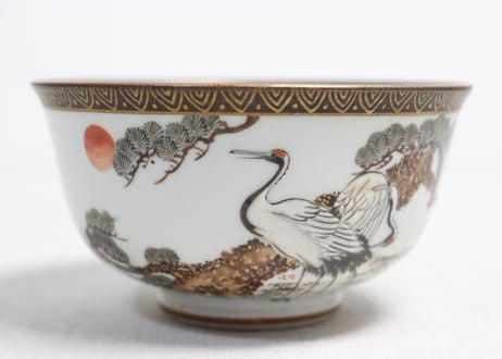 明治前期九谷焼色絵松鶴図通り物蒸茶碗