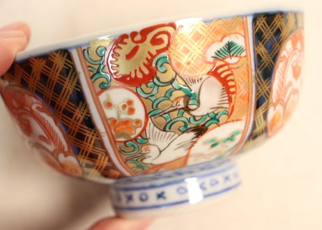 明治前期色絵桃と鶴図通り物蒸茶碗①