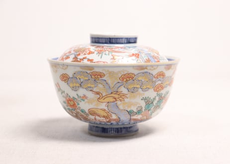明治前期色絵三方松竹梅と花鳥図通り物飯茶碗
