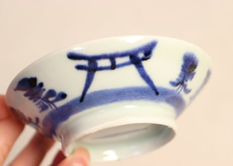 江戸後期染付鳥居と杉図広東型飯茶碗