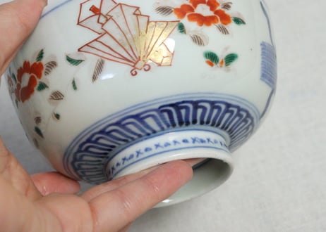明治前期色絵牡丹と扇に春蘭図蒸茶碗①
