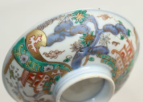 明治前期色絵鶴と松竹梅図通り物飯茶碗