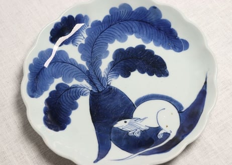 江戸幕末染付鼠大根図8寸皿 アタリ傷
