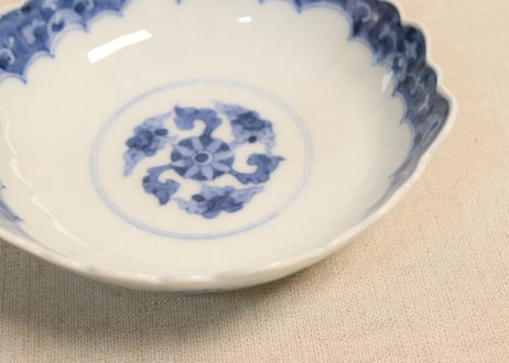 明治後期～大正染付花図輪花六角なます皿
