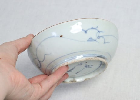 江戸中期染付扇面と草花図なます皿②　高台キズ