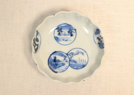 江戸幕末染付山水窓絵散らし図豆皿①