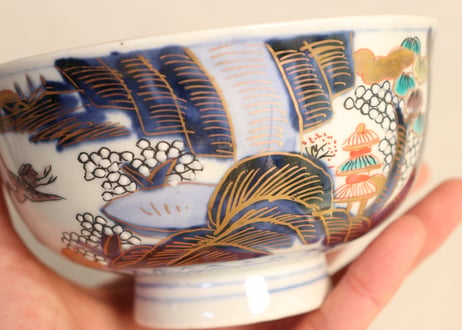 明治前期色絵山水図通り物飯茶碗② 少甘手
