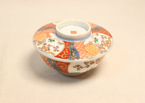 明治前期色絵梅と鶯に鳥籠図通り物蒸茶碗①