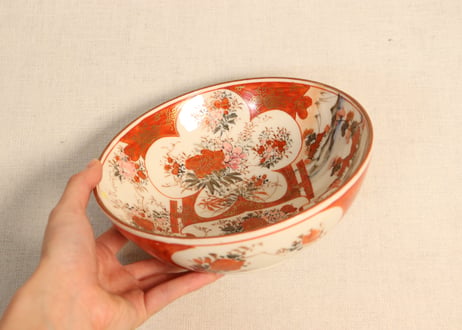 明治前期九谷焼赤絵花鳥図三ツ組鉢 小サイズ少甘手有り