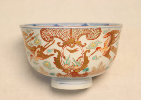 明治前期色絵松鶴図通り物飯茶碗