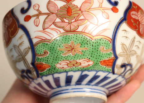 明治前期色絵若松と牡丹図飯茶碗