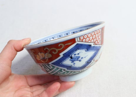 江戸幕末色絵松竹梅と幾何学文割絵蓋茶碗