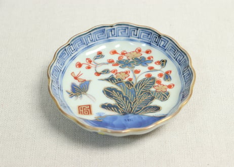 江戸幕末赤絵染付秋海棠と蝶図通り物小皿③ノミホツ