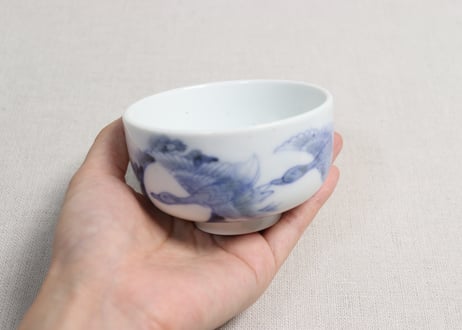 明治前期染付月に鳥図湯呑　黒点,フリモノ